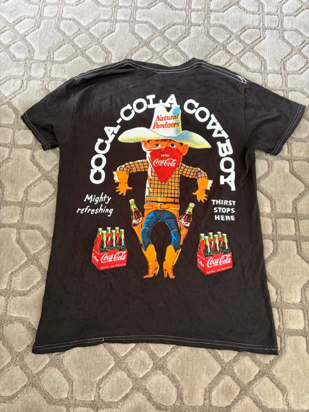 Coca-Cola Black Tee with Red, Yellow and Blue Cowboy Graphic